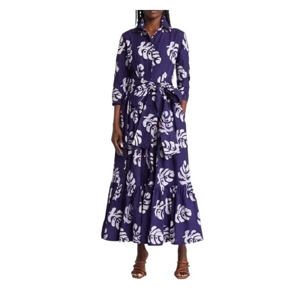 Sika Blue White Banana Leaf Print Half Sleeve Maxi Dress 12 Womens